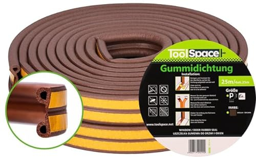 ToolSpace Türdichtung Selbstklebend Dichtungsband Dichtungsgummi Door Sealing Strip P Profil Braun Gummidichtung für Fenster & Türen 25M Fensterdichtung Anti-Kollision Gummi Schaum Schaumstoffband