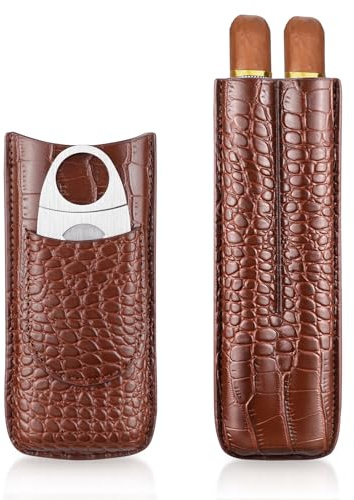 cgaplus 2-Finger Leather Cigar Case with Cutter Leather Lined Cigar Humidor Portable Travel Cigar Case (Brown Pattern)