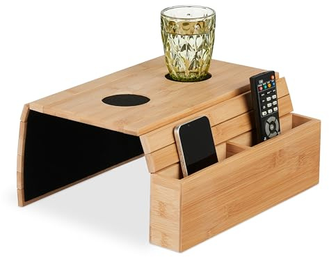 Relaxdays Vassoio per Bracciolo Divano, Tavolino con 2 Scomparti Porta Tazza Caffè, HLP: 5,5x50x33,5 cm, Bambù, Naturale