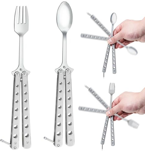 ZOWZOW Butterfly Fork and Spoon Stainless Steel Set 2 Pcs, Reusable Spork for Travel Camping Hunting Outdoor Kitchen(Silver)
