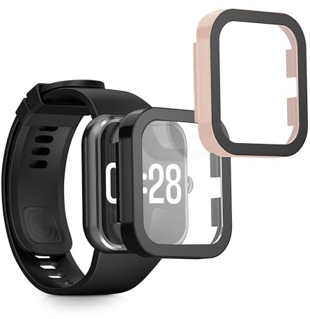kwmobile Carcasa Compatible con Xiaomi Redmi Watch 4 Funda - 2X Protector Pantalla Completo de Cristal Templado - Ultrafino y antigolpes - Negro/Rosa Palo