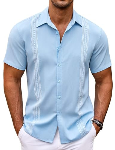 COOFANDY Mens Short Sleeve Cuban Guayabera Shirt Casual Summer Beach Button Down Shirts Light Blue L