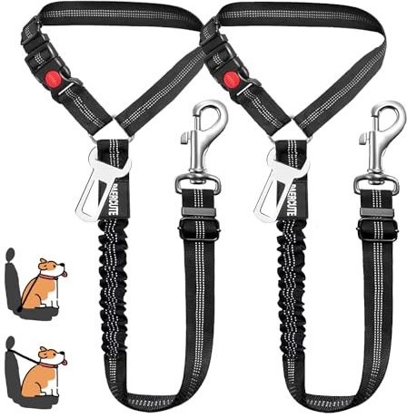 MOLHEM 2 Pack Pet Dogs Seat Belt for Car, Adjustable Safety Elastic Lead Harness for Cars, Anti Shock Elasticated Cushioned Leash (Black)
