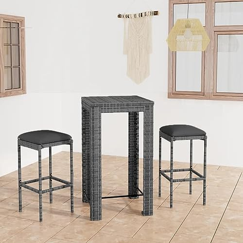 ARKEM 3-TLG. Gartenbar-Set mit Kissen Stehtisch Outdoo Gartenbar Outdoor GartenmöBel Set Bar Outdoor Theke Garten Poly Rattan Grau