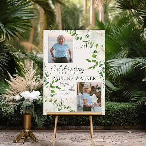 Personalised Memorial celebration of life Photo Poster Banner. Funeral Wake keepsake print Remembrance Sign Decorations N230 White Flowers