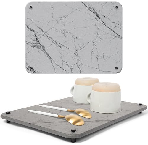 Spaceneat Diatomite Stone Drying Mat for Kitchen Counter - Rapid Moisture Removal - 15.7 x 11.8 Large Dish Drying Stone for Kitchen Sink - Diatomaceous Earth Quick Dry Dish Mat - Gray Marble