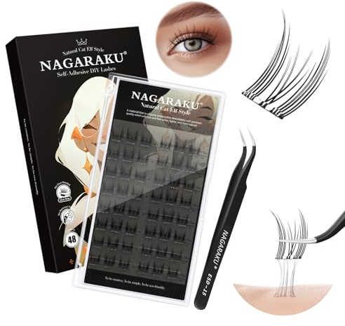 NAGARAKU Pestañas Autoadhesivas con Pinzas Natural Cat Eye 48 Fans C 11-13mm