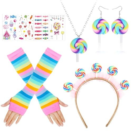 HOWAF Lollipop Kostüm, Lollipop Haarreif Haarschmuck, Fingerlose Handschuhe, Ohrringe, Halskette, Tattoos für Bonbon, Candy Halloween, Fasching Karneval Kostüm