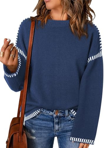 Jersey Punto Mujer Suéter Manga Larga Otoño Invierno Cuello Redondo Rayas de Choque de Color(XL,Azul)