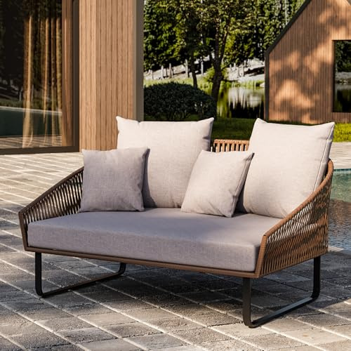 Homary Rattan Tagesbett Für Außenbereich 160 cm, Großes Outdoor Tagesbett Mit Aluminiumrahmen Und Grauen Kissen, Wetterfeste Gartenliege Für Terrasse & Pool