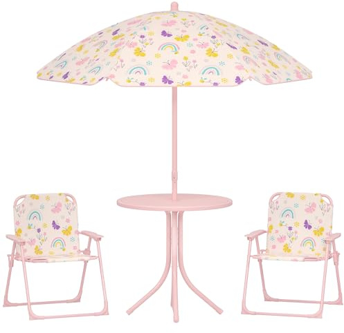 AIYAPLAY Conjunto de Mesa y Sillas Infantil de Jardín de 4 Piezas Mesa Infantil con Sillas Plegables Sombrilla Ajustable Diseño de Arcoíris para Patio Pícnic Rosa