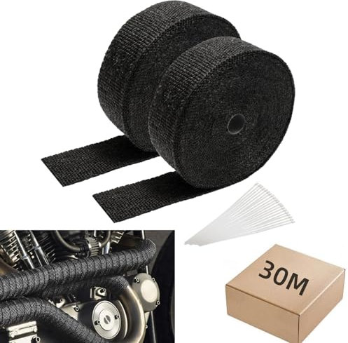 Ollewiellan 30M*5CM Hitzeschutzband Auspuff Dichtband mit 12Pcs Edelstahl Kabelbinder Hitzebeständig bis 600°C Auspuffband für Motorrad Auto Fächerkrümmer,Schallschutz und feuerfest(Schwarz)