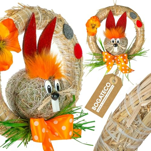 Osterkranz mit Hase aus Stroh 25cm | dekorativer Türkranz mit Aufhänger | natürliche Osterdekoration zum Aufhängen Tür | handgefertigt