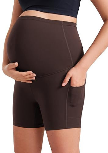 CRZ YOGA Butterluxe gravidyoga bikershorts med fickor, 13 cm - Over the Belly Graviditetsträning Atletisk Hot Fudge Brown M