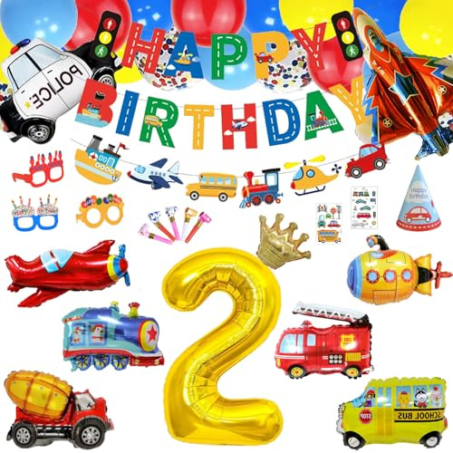 Suministros de fiesta de automóvil, decoración de fiesta de cumpleaños para niños de 1, 2, 3 años, sombrero de papel, gafas geniales, pancarta de transporte, autobús escolar, tren, camión de bomberos,