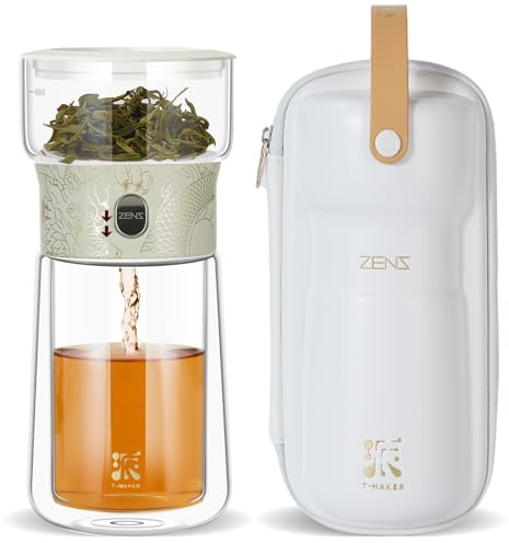 ZENS Modern Glass Teapots with Infuser, Cool One Touch Loose Leaf Maker | Magic Tea Infuser Teapot for Loose Tea with 270ml Insulated Mug and Portable Bag for Tea Lovers Gifts, Dragon