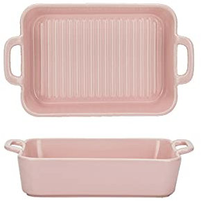 Juego de 2 fuentes de cerámica for horno rectangulares de 25 cm con asas, bandeja antiadherente duradera for lasaña(Pink,9.5inch)