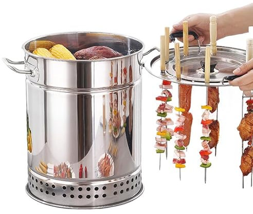 Barbecue au charbon de bois sans fumée en acier inoxydable – Fumoir vertical portable avec 28 brochettes et accessoires, rôti à 360°, diamètre 15,4 cm, idéal pour la cuisine en plein air et les