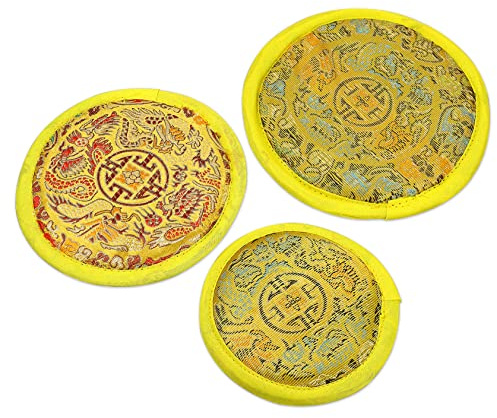 Kisangel Klangschalen Unterlagen Schutzunterlagen aus Baumwollstoff 3 Stück Gelbe mit Stickmuster für Tibetische Klangschalen zur Meditation und Zen