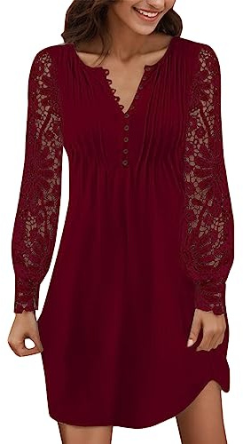 Robe De SoiréE Femme Manches Longues Dentelle Col V avec Boutons Mini Robes Chic Et Elegant Slim Fit Casual Solide Pas Cher Grande Taille pour Princesse De Promo Anniversaire Dress