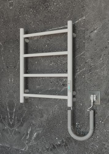 Radiador de toallas eléctrico, blanco, 510 x 400 mm, 45 W, dispositivo de pared sin brazos giratorios, termostato y temporizador, IP44, para baños y hoteles elegantes