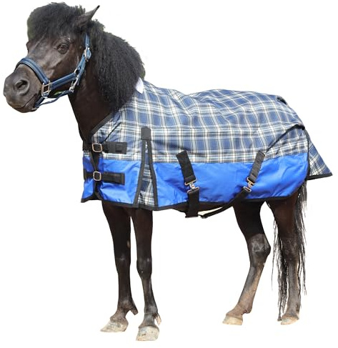 Gallopoff 600D Regendecke für Shetty & Fohlen, Wasserdicht, Winddicht, Atmungsaktiv, Reißfest, Ohne Füllung (0 g) Ponydecke Blau kariert 80 cm