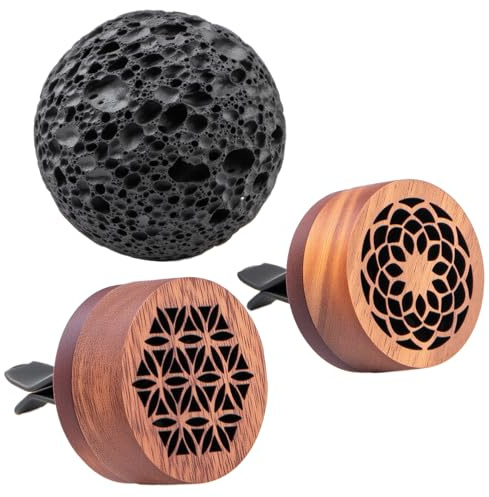 3 Pcs Lava Rock Essential Oil Diffusers -1 Spherical Lava Stone Passive Diffuser and 2 Wooden Car Diffusers for Essential Oils, Passive Diffuser for Sauna Room, Home, Office, Bedroom, Bathroom, Car