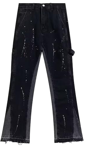 Patchwork utsvängda jeans för män Streetwear Fit Svarta jeansbyxor med färgstänk Splitter ben sliten fåll