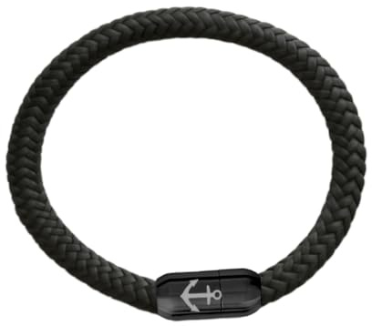 Paris Montana Original Segeltau Armband, geflochten aus Seemannsgarn, mit schwarzem Edelstahl-Magnetverschluss, mit Anker Gravur, maritim & wasserfest, 8 mm Durchmesser, handgemacht
