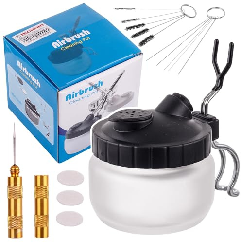 TC TECHNIC – Set di Pulizia per aerografi: Kit di Pulizia Completo per Pistole a spruzzo e pennelli – Include Set di pennelli, Serbatoio con Filtro e Supporto, Set di Fili e ago di Pulizia.