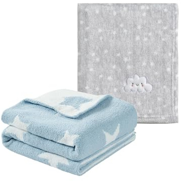 CREVENT 2 st 76 x 102 cm söta mysiga fluffiga varma babyfiltar för spädbarn småbarn sängkläder spjälsäng barnvagn – grått moln + stickad blå