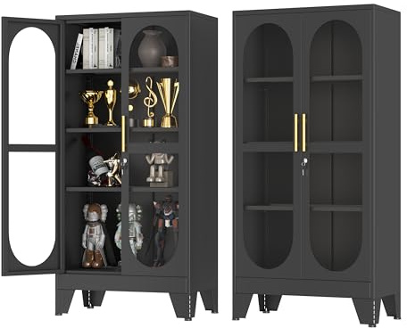 Generisch 155cm hoher schließbarer Vitrinen-Schrank mit Glastür,metallene Kuriositäten-Schränke mit 3 verstellbaren Regalen,hoher Weinschrank-Ausstellungsgehäuse für Wohnzimmer,schwarz 1