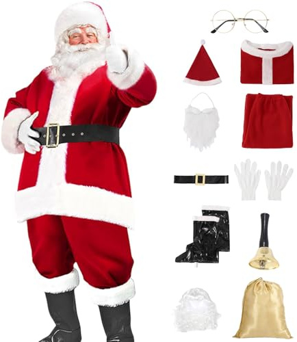 Traje unisex de Papá Noel para adultos, fiesta de Navidad, pelo y barba de felpa, disfraz de cosplay, carnaval, festivales, trajes de 11 unidades para hombres y mujeres (M)