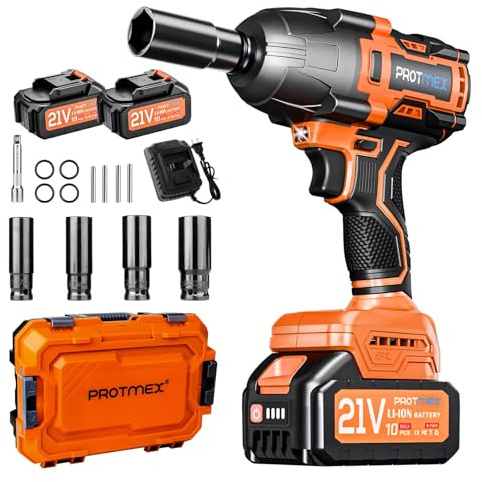 Protmex Llave de impacto inalámbrica sin escobillas,2x4,0 Ah 21V Pistola de Impacto Baterías，par máximo de 1200 N.m,1/2llave de impacto con 1 destornillador, Para Coche Familiar/Camioneta/Cortacésped