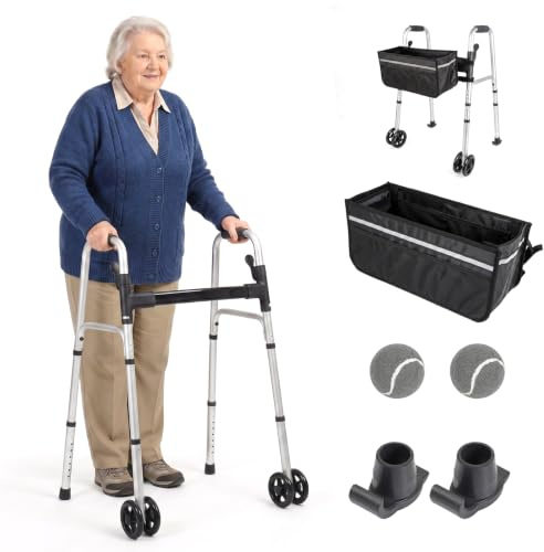 Zimmer Frame with Wheels, Aluminium Adjustable Height Folding Walking Frame for Elderly, Include Tennis Ball Glides, Storage Bag, Ski Glides