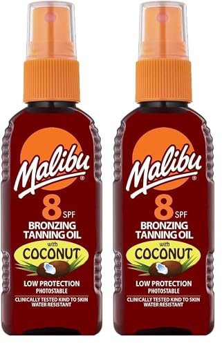 Malibu Sun SPF 8 Bronzing Tanning Oil, Moisturising & Hydrating Body Tanning Oil with Tropical Coconut Fragrance, Water Resistant,100ml (Pack of 2)