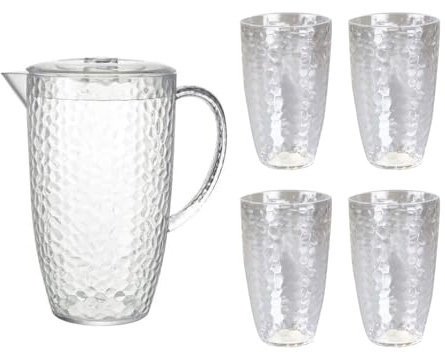 Plastic Pitcher with Lid and 4 Tumblers Set Dimple Design Durable PS Drinks Jug and Cups for Water Juice Iced Tea Outdoor Indoor Use Picnic BBQ Garden Set Summer Party