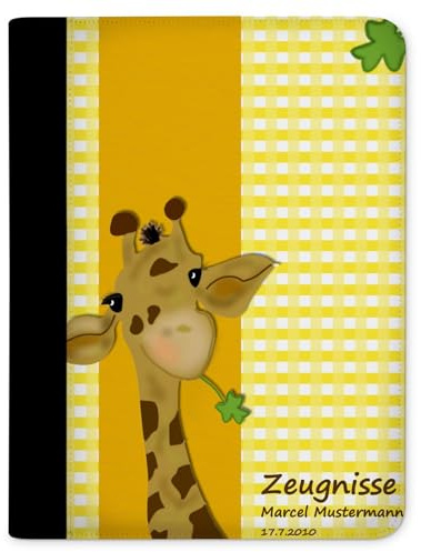CreaDesign Zeugnismappe A4 mit Namen personalisiert für Kinder – Giraffe Streifen Gelb – Dokumentenmappe Schule ohne Klarsichthüllen
