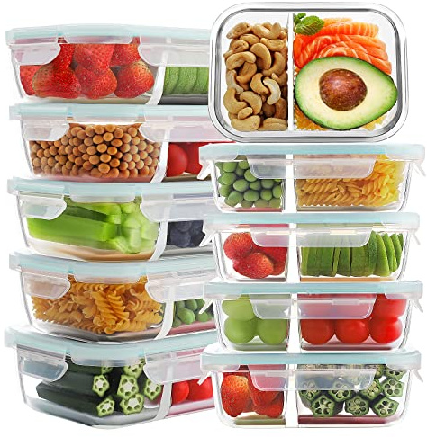 Bayco 10 Pack Glass Meal Prep Containers 2 Compartment, Glass Food Storage Containers with Lids, Airtight Lunch Bento Boxes, Leak Proof (10 lids & 10 Containers)