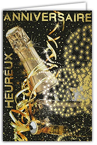 AFIE 69-7086 Carte Heureux Anniversaire Bouteille Champagne Vin Blanc Pétillant Seau Feu d'artifice étoiles Or Doré Fabriqué en France
