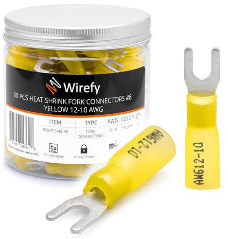 Wirefy Gelbe Gabelkabelschuhe aus verzinntem Kupfer Schrumpfverbinder Loch-Ø M4 - lötfreie Kabelverbinder - Gabelklemme KabelVerbinder - 4-6 mm² - 90 Stück