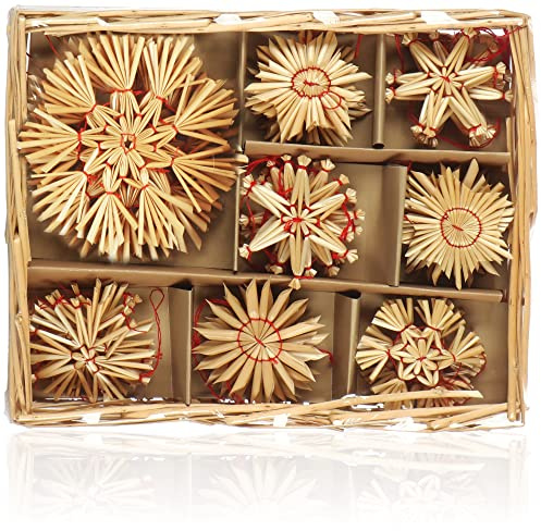 COM-FOUR® 36x Strohsterne im Mix-Set, Christbaum-Schmuck, Stroh-Anhänger | natürlicher Christbaum-Behang - Weihnachtsdekoration
