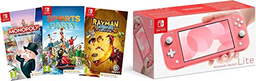 Nintendo Switch Lite (Coral) + Sports Party (Code in Box) + Rayman Legends (Code in Box) + Monopoly (Code In Box)