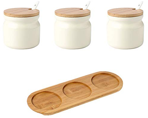 OnePine Lot de 3 Céramique Sucrier Bol à Sucre Pot à épices Sel Spice Jar Condiments boîte avec Cuillère et Couverture de Bambou (Beige)