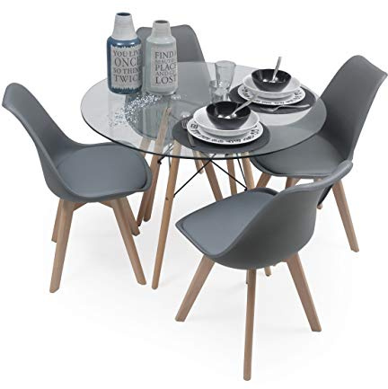 musashino LABEL Homely - Conjunto de Comedor Tower 100 Day Cristal Mesa de Cristal Redonda de 100 cm y 4 sillas Day (Gris Oscuro)