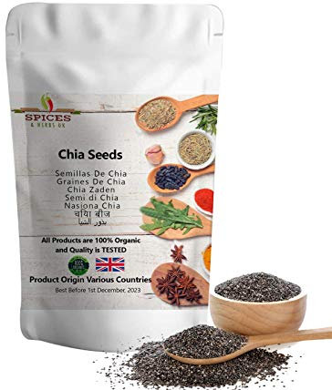 Organic Chia Seeds Premium Quality by Spices&herbsuk - Freshly Packed Organic High in Protein, Omega-3, Fiber - Raw Black Perfect for Healthy Diets, Salads, Breakfast - 100g