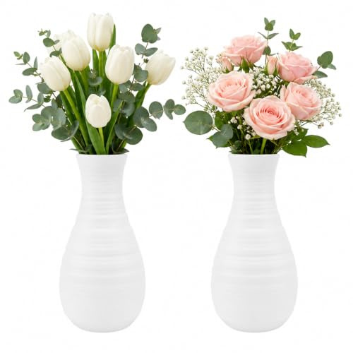 DOITOOL 2 Pack White Plastic Vases, Nordic Flower Vases for Home Decor | 20.5 cm Modern Decorative Vases for Flowers and Pampas Grass, for Living Room, Bedroom, Table and Office
