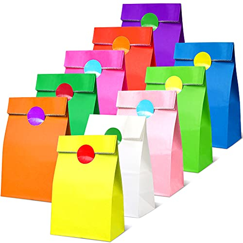 CHEPULA Papiertüten, 50 Stück Bunt Geschenktüten Kindergeburtstag mit 60 Aufkleber, Mitgebsel Tüten Kinder Papier Klein Gift Bag für Party, Geschenk, Geburtstag, Feiern
