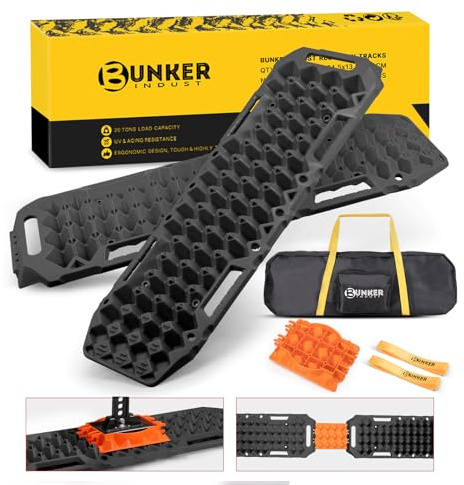 BUNKER INDUST Off-Road Traction Boards with Jack Lift Base,2 Pcs Multifunctional Recovery Track Ramp Traction Mat for 4WD UTV SUV Truck-Mud, Sand, Snow Tire Traction Devices Black with Carry Bag