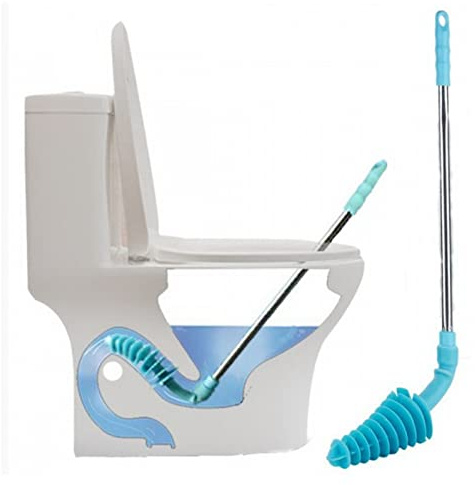 Stantuffo per WC tipo sifone, strumento per draga, manico lungo per WC e bagno, sbloccante in gomma flessibile, design ondulato, anti-usura (blu)